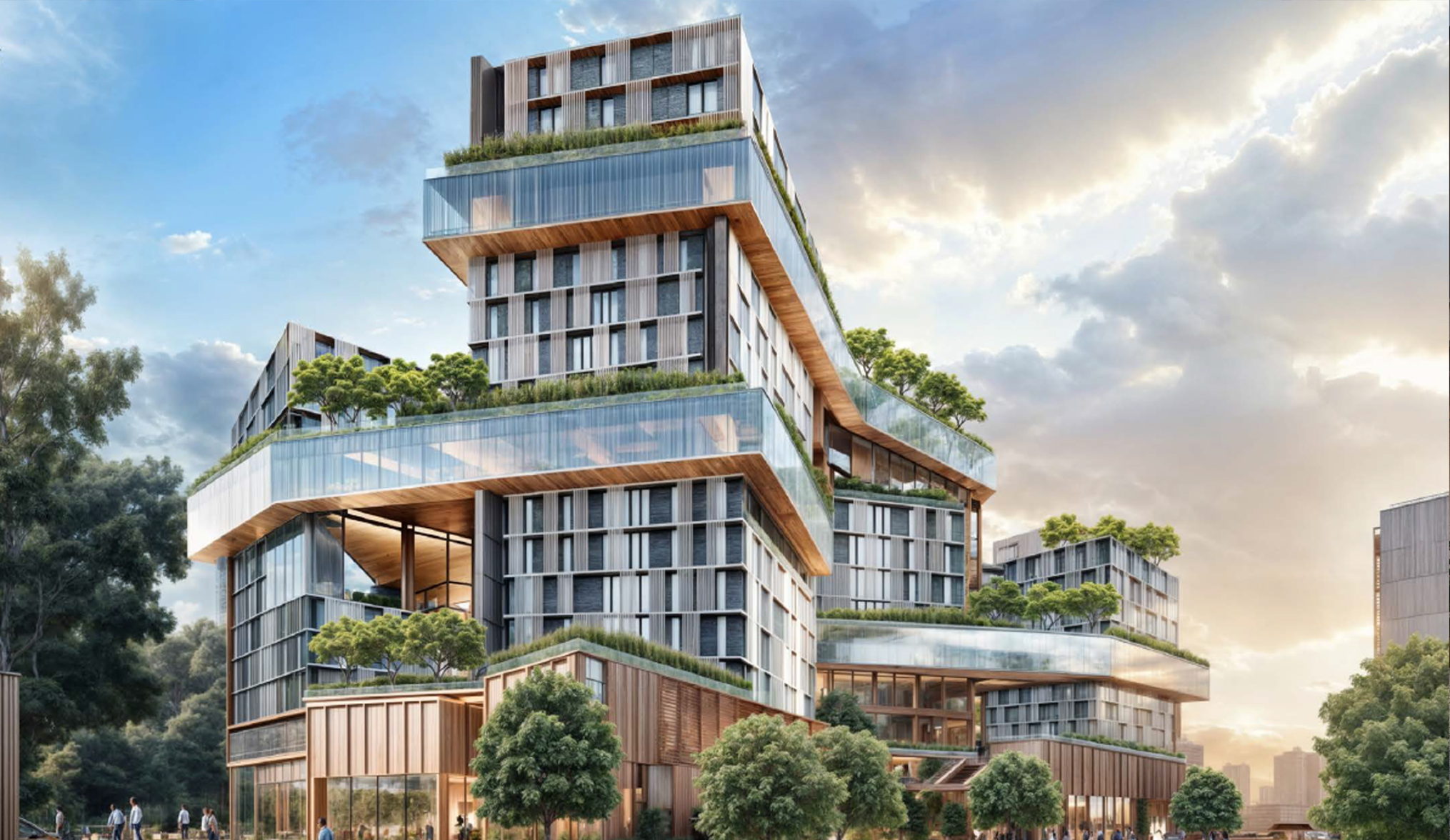 A modern multi-level building with glass facades and terraces featuring greenery. People are walking nearby under a partly cloudy sky.