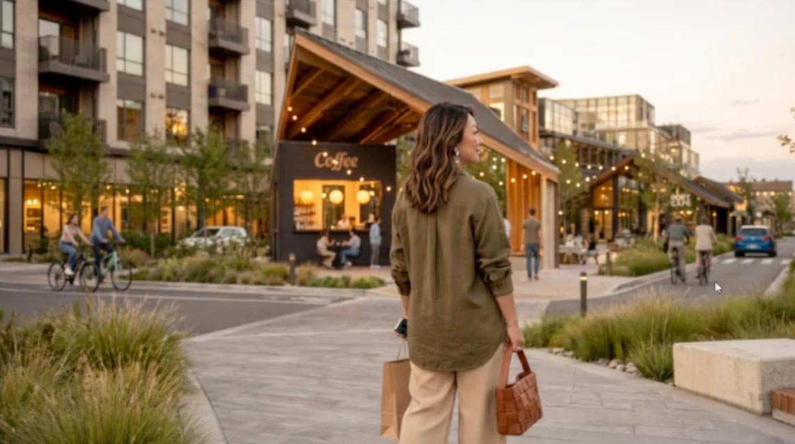 Rendering of The Point Utah with a woman standing and looking around